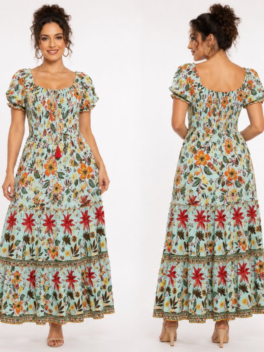ME 2 Magic Floral Smocked Maxi Dress Blue Boho Tiered Tassel M 26-951
